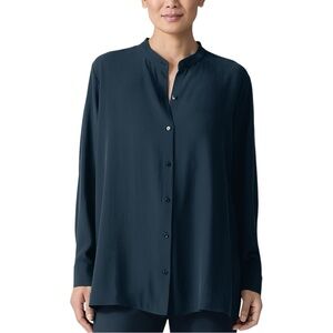 Eileen Fisher Mandarin Collar 100% Silk Black Button Up Blouse Size Small